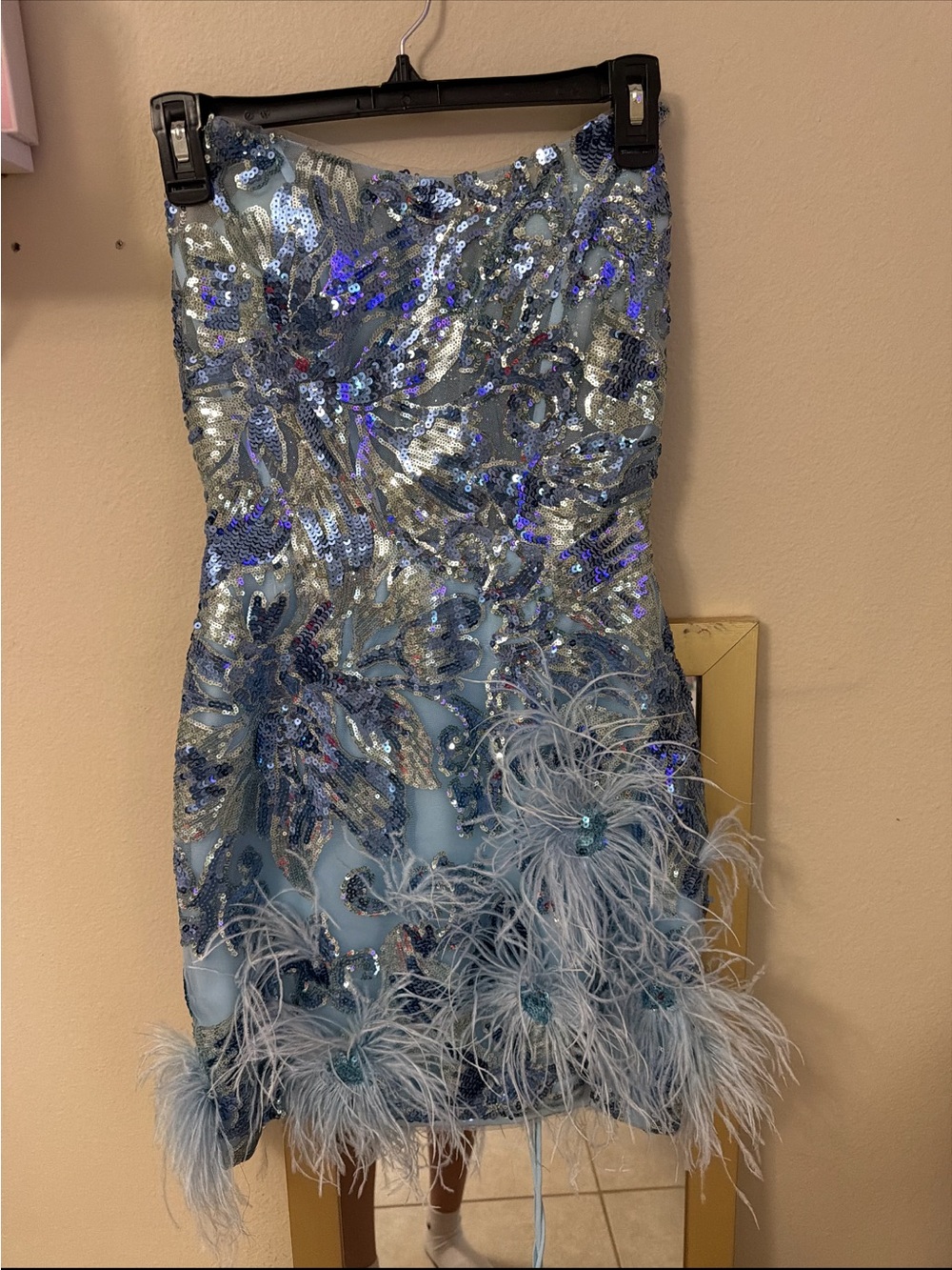 Blue Sequin Feather Strapless Mini Dress
